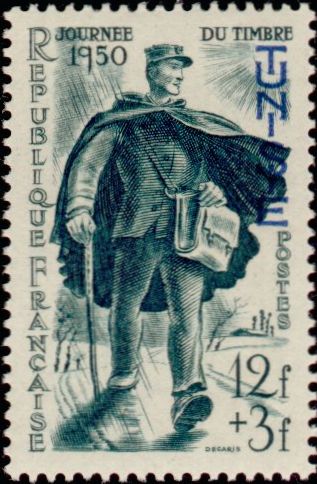 Tunisia_1950_Yvert_334-Scott_B110_blue_overprint_postman_IS