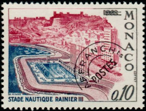 Monaco_1962_Yvert_Preoblit_23-Scott_587_10c_Nautical_Stadium_1964_IS