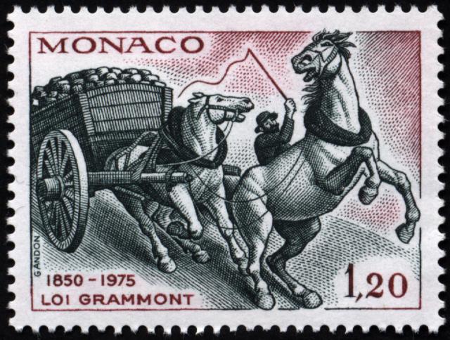 Monaco_1975_Yvert_1033-Scott_995_1f20_wagon_with_horses_IS_a