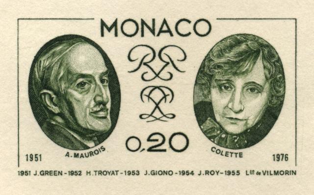 Monaco_1976_Yvert_1044a-Scott_1010_unadopted_Maurois_and_Colette_green_a_AP_detail