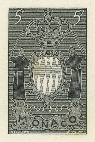 Monaco_1954_Yvert_411a-Scott_318_unissued_in_TD_armoirie_black_d_AP_detail