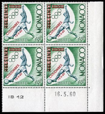 Monaco_1960_Yvert_522A-Scott_5f_football_red_overprint_eb_US