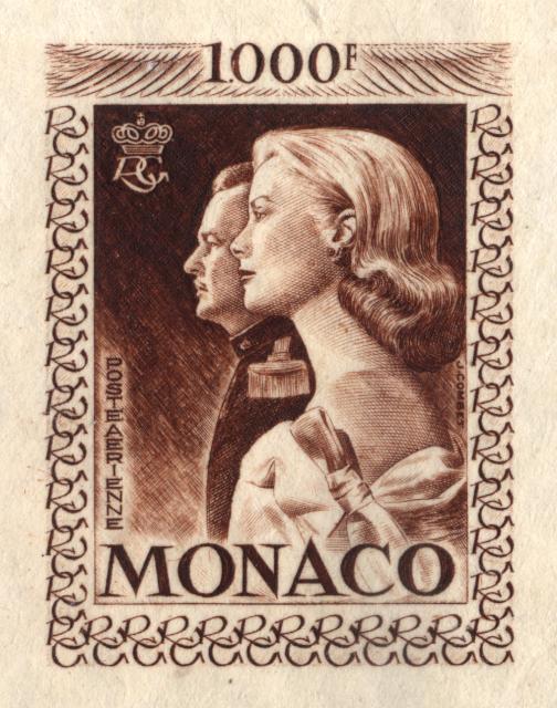 Monaco_1959_Yvert_PA72b-Scott_C55_unadopted_1000f_Grace_et_Rainier_III_maigre_brown_d_AP_detail