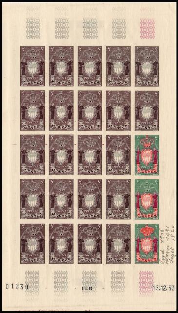 Monaco_1954_Yvert_411a-Scott_318_unissued_in_TD_armoirie_full_sheet_d_ESS