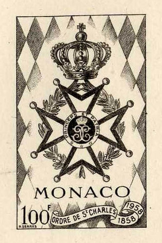 Monaco_1958_Yvert_490a-Scott_410_unadopted_St-Charles_Order_black_b_AP_detail