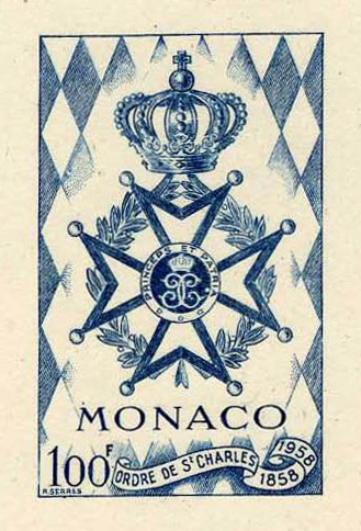 Monaco_1958_Yvert_490a-Scott_410_unadopted_St-Charles_Order_blue_AP_detail