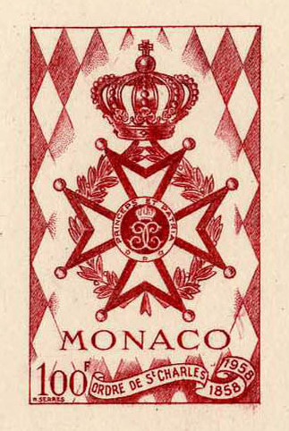 Monaco_1958_Yvert_490a-Scott_410_unadopted_St-Charles_Order_red_b_AP_detail