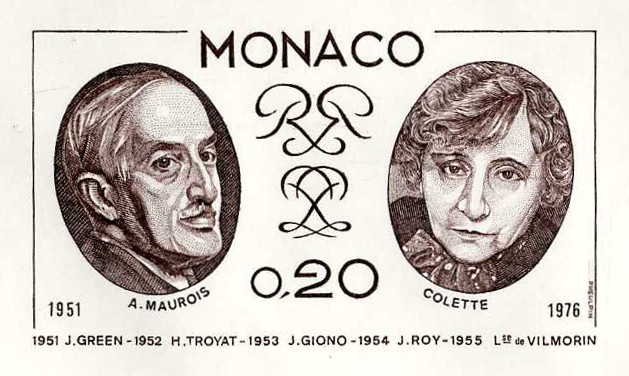 Monaco_1976_Yvert_1044a-Scott_1010_unadopted_Maurois_and_Colette_sepia_ATP_detail