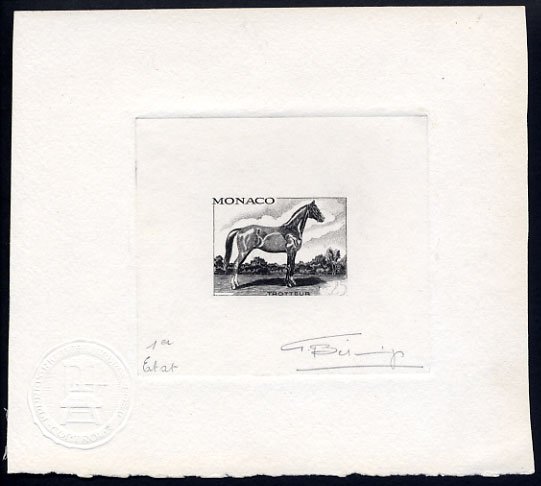 Monaco_1970_Yvert_835a-Scott_785_unadopted_25c_cheval_trotteur_1er_etat_black_ab_AP