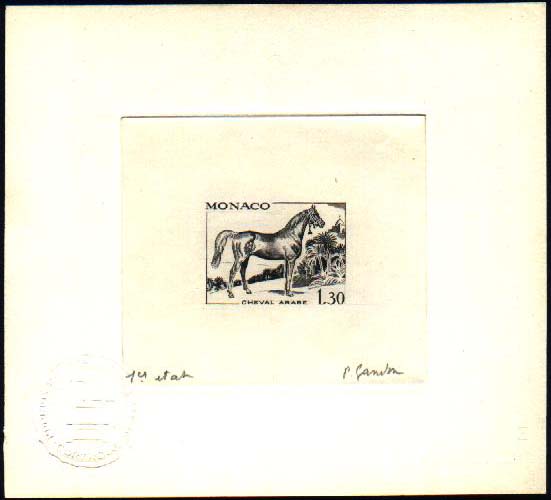 Monaco_1970_Yvert_837a-Scott_787_unadopted_1f30_cheval_arabe_1er_etat_black_a_AP