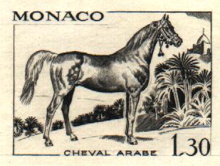 Monaco_1970_Yvert_837a-Scott_787_unadopted_1f30_cheval_arabe_1er_etat_black_a_AP_detail