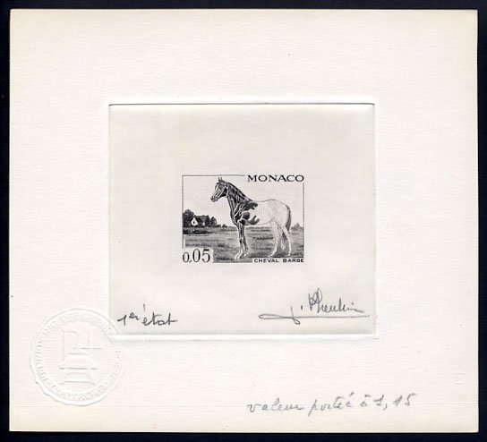 Monaco_1970_Yvert_838a-Scott_788_unadopted_5c_cheval_barbe_1er_etat_black_a_AP