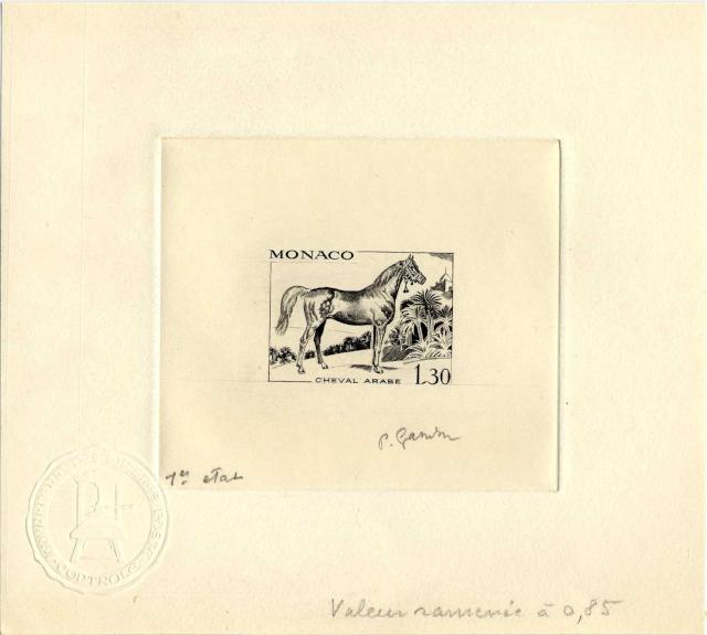 Monaco_1970_Yvert_837a-Scott_787_unadopted_1f30_cheval_arabe_1er_etat_black_b_AP