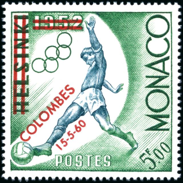 Monaco_1960_Yvert_522A-Scott_5f_football_red_overprint_h_US