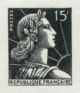 France_1955_Yvert_1011a-Scott_753_unadopted_Marianne_de_Muller_15f_premier_projet_black_typo_f_AP_detail