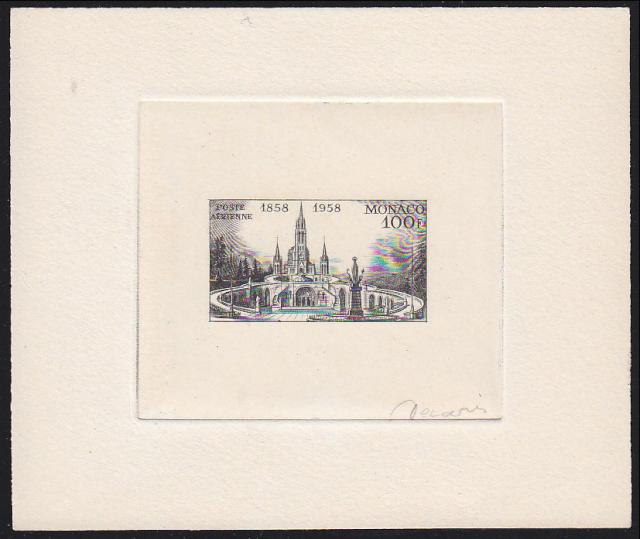 Monaco_1958_Yvert_PA69a-Scott_C51_unadopted_Lourdes_black_e_AP
