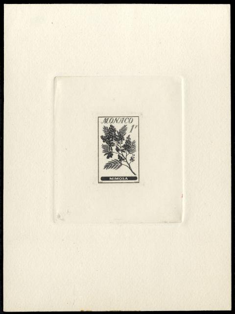 Monaco_1959_Yvert_516a-Scott_440_unadopted_1f_Mimosa_black_b_AP