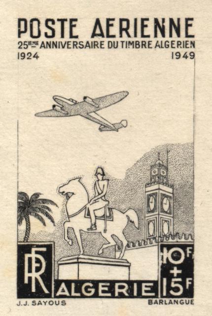 Algeria_1949_Yvert_PA13a-Scott_CB3_unadopted_10f_+_15f_avion_statue_et_mosquee_1er_etat_black_aa_AP_detail