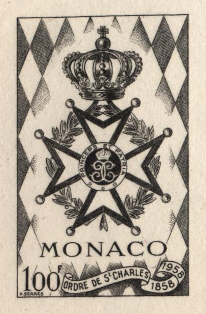 Monaco_1958_Yvert_490a-Scott_410_unadopted_St-Charles_Order_black_c_AP_detail