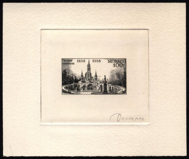 Monaco_1958_Yvert_PA69a-Scott_C51_unadopted_Lourdes_black_f_AP
