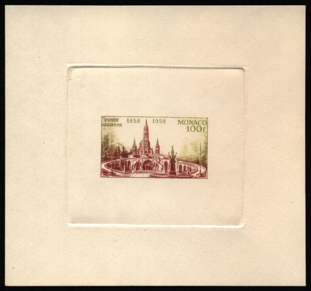 Monaco_1958_Yvert_PA69a-Scott_C51_unadopted_Lourdes_brown_+_olive-green_AP