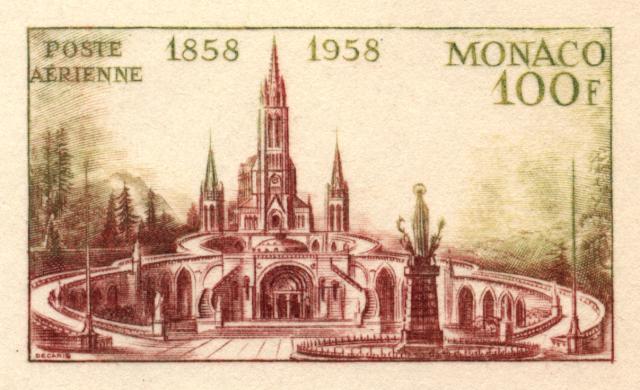 Monaco_1958_Yvert_PA69a-Scott_C51_unadopted_Lourdes_brown_+_olive-green_AP_detail