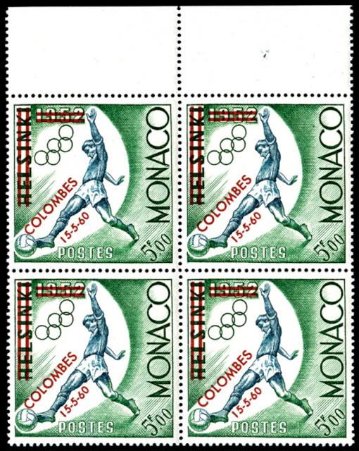 Monaco_1960_Yvert_522A-Scott_5f_football_red_overprint_j_US