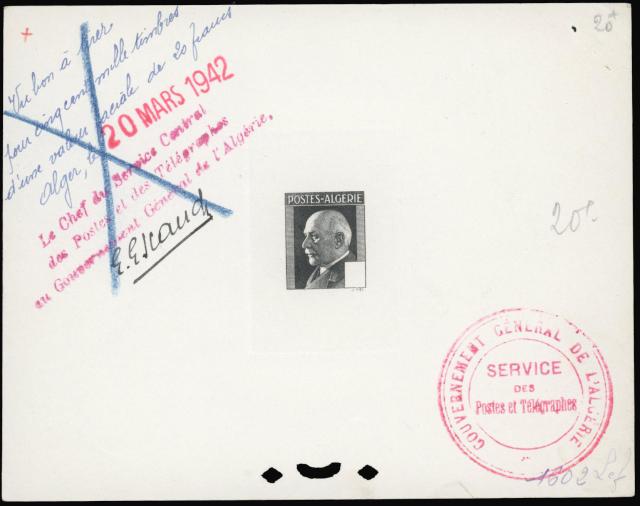 Algeria_1942_Yvert_196a-Scott_137_unadopted_1f20_Petain_etat_black_1602_Lef_CP