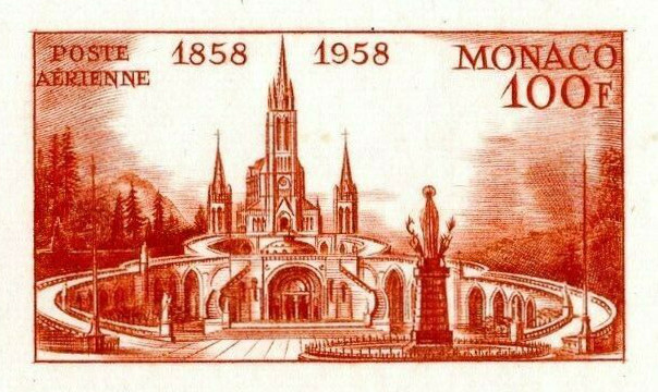 Monaco_1958_Yvert_PA69a-Scott_C51_unadopted_Lourdes_red-orange_AP_detail