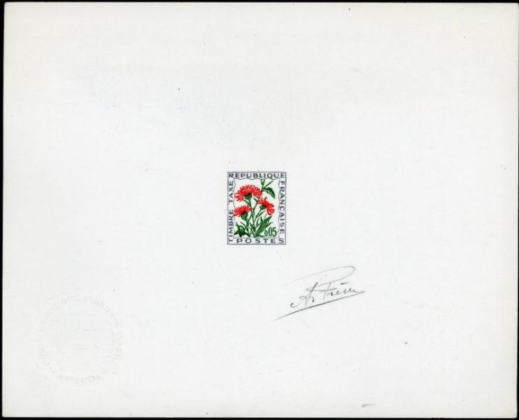 France_1964_Yvert_Taxe_95-Scott_grey-blue_+_green_+_red_typo