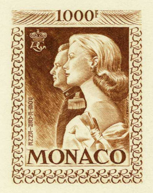 Monaco_1959_Yvert_PA72b-Scott_C55_unadopted_1000f_Grace_et_Rainier_III_maigre_brown-orange_a_AP_detail
