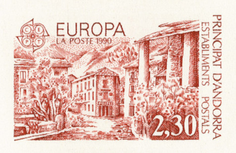 Andorra_1990_Yvert_388-Scott_391_red-brown_detail