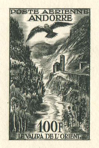 Andorra_1955_Yvert_PA2-Scott_C2_black_f_detail