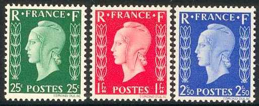 France_1945_Yvert_701A-B-C-Scott_503-505_unissued_25c_1f_2f50_Type_I_Marianne_de_Dulac_a_US