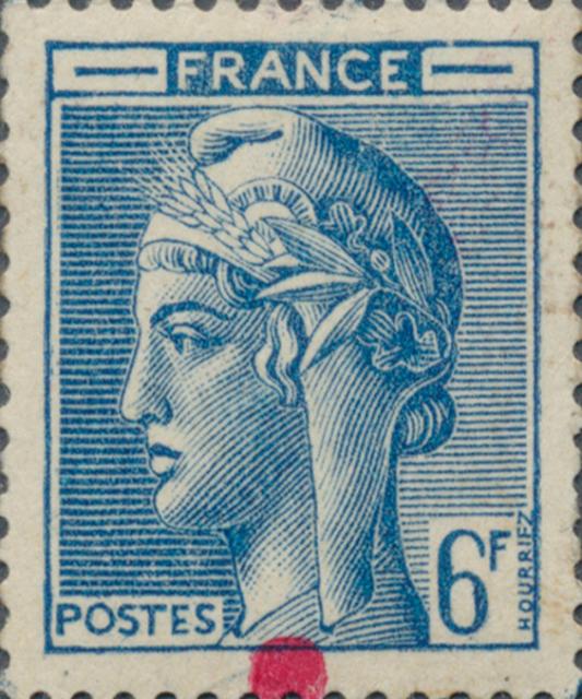 France_1948_Yvert-Scott_unadopted_6f_Marianne_de_Hourriez_A_blue_typo_recto_US_detail