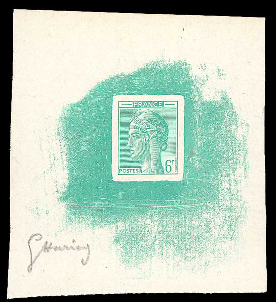 France_1948_Yvert-Scott_unadopted_6f_Marianne_de_Hourriez_A_green_typo_h_AP