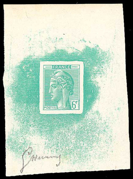 France_1948_Yvert-Scott_unadopted_6f_Marianne_de_Hourriez_A_green_typo_i_AP