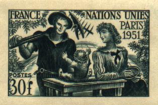 France_1951_Yvert_912a-Scott_672_unadopted_ONU_green_1313_Lx_CP_detail