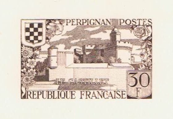France_1959_Yvert_1222a-Scott_931_unadopted_Perpignan_dark-brown_AP_detail