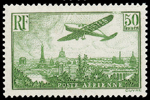 France_1936_Yvert_PA14a-Scott_C14_unissued_50f_small_f_yellow-green_plane_over_Paris_US