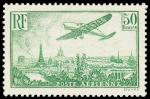 France_1936_Yvert_PA14b-Scott_C14_unissued_50f_small_f_green-yellow_plane_over_Paris_a_US