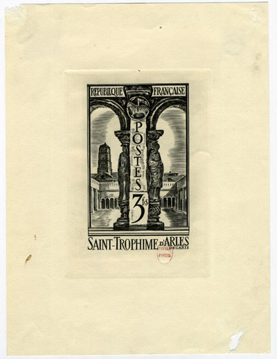France_1934_Yvert_302b-Scott_302_unadopted_3f_St-Trophime_black_b_AP