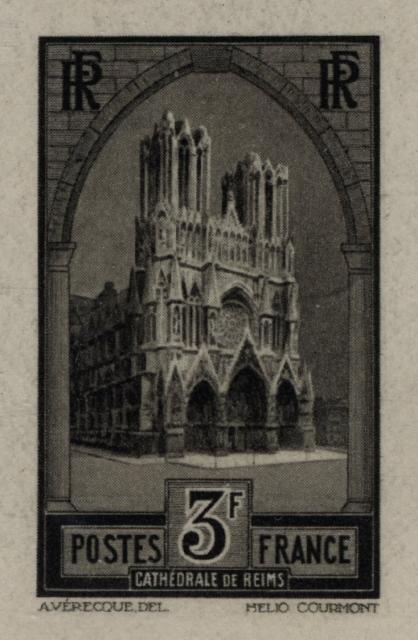 France_1930_Yvert_259b-Scott_247_unissued_in_Helio_by_Courmont_3f_Cathedrale_de_Reims_black_aa_ESS_detail