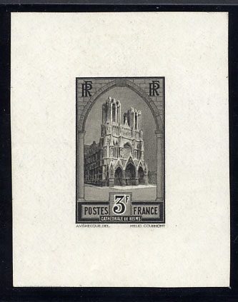 France_1930_Yvert_259b-Scott_247_unissued_in_Helio_by_Courmont_3f_Cathedrale_de_Reims_black_ab_ESS