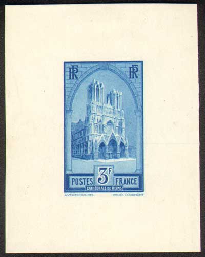 France_1930_Yvert_259b-Scott_247_unissued_in_Helio_by_Courmont_3f_Cathedrale_de_Reims_blue_ab_ESS