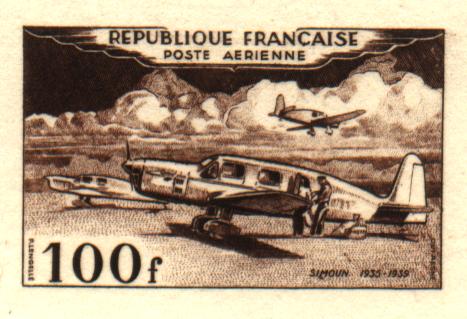 France_1953_Yvert_PA30a-Scott_C29a_unadopted_100f_Simoun_dark-brown_a_AP_detail