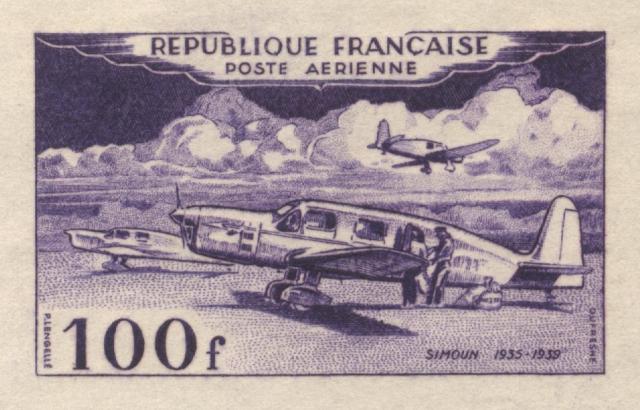 France_1953_Yvert_PA30a-Scott_C29a_unadopted_100f_Simoun_violet-blue_c_AP_detail