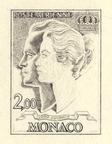 Monaco_1966_Yvert_PA87a-Scott_C69_unadopted_Grace_and_Rainier_profile_1er_etat_black_AP_detail