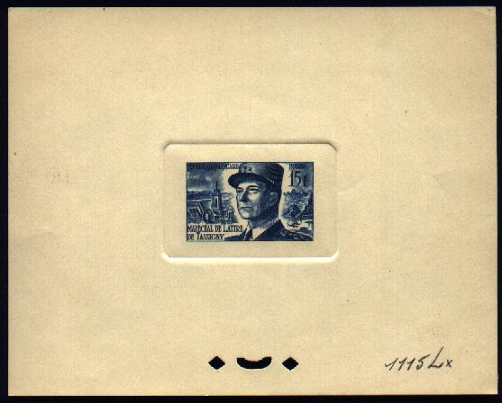 France_1952_Yvert_920b-Scott_675b_unadopted_Marechal_de_Lattre_Type_II_blue_1115_Lx_CP