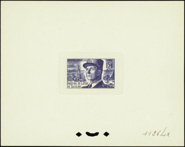 France_1952_Yvert_920b-Scott_675b_unadopted_Marechal_de_Lattre_Type_II_blue_1126_Lx_CP